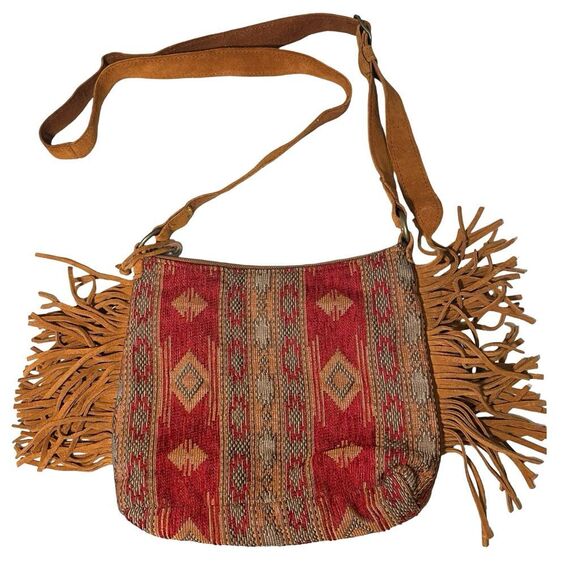 MINNETONKA Genuine Leather Cross Body Purse, Boho Aztec Embroidered, Side Fringe - Picture 10 of 13